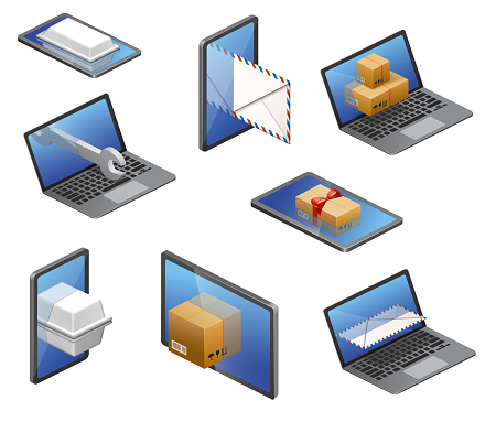 Online Services Delivery. Isometric vector illustration.