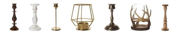 Set with different stylish candlesticks and holders on white background, banner design