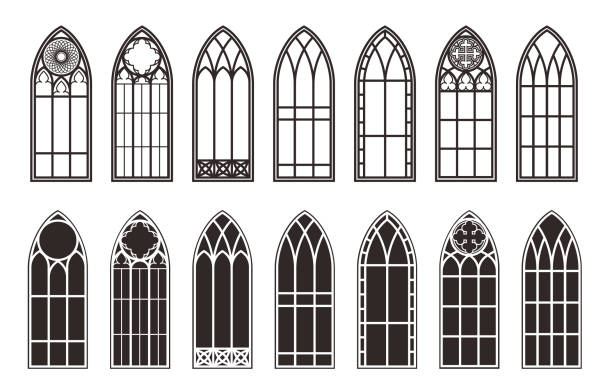 illustrazioni stock, clip art, cartoni animati e icone di tendenza di set di contorni di finestre gotiche. siluetta di cornici da chiesa in vetro colorato vintage. elemento dell'architettura tradizionale europea. vettore - gothic style immagine