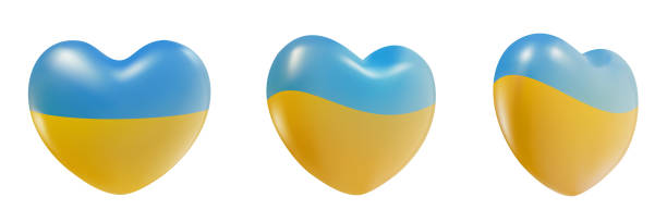 istock Set 3d cartoon glossy heart different view incolors of Ukrainian flag isolated on white background. Minimal realistic design element for game. Vector illustration. 1393551415