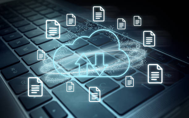 dark keyboard with cloud computing diagram. - diagram computer network network server network security imagens e fotografias de stock