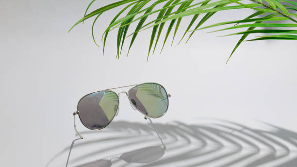 istock Sunglasses under green palm tree with palm  branch shadow. Summer day on a beach concept idea. Relax vacation on a sunny day 1393553267