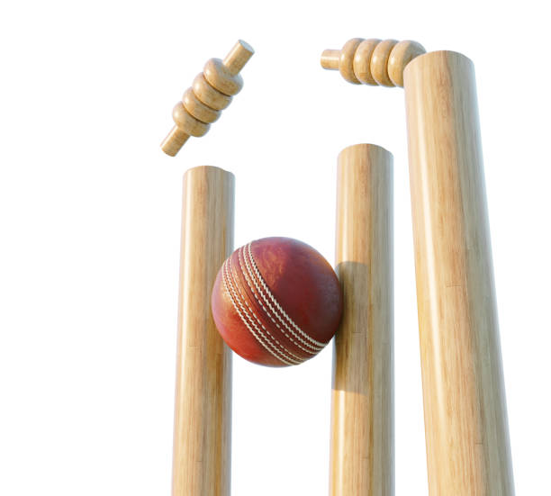 Cricket Wicket Stumps Wooden cricket wickets with dislodging bails on an isolated white background - 3D render cricket stump stock pictures, royalty-free photos & images