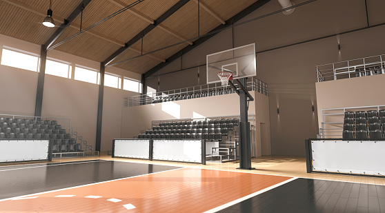 Basketball court with hoop and tribune mockup, side view, depth of field, 3d rendering. Basket-ball sport area for competition. Gym or perimeter playground with wood floor surface template.
