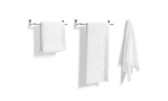 Blank white towel hanging on heated rail and hook mockup, 3d rendering. Empty terry micorfiber on heater appliance mock up, isolated, side view. Clear fabric material for bathroom template.