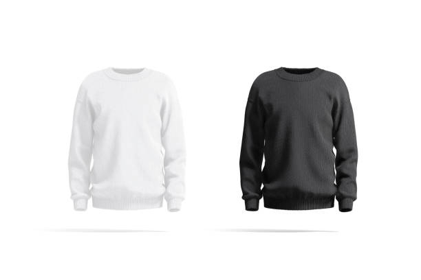Blank black and white knitted sweater mockup, front view Blank black and white knitted sweater mockup, front view, 3d rendering. Empty loose overall knitting pullover mock up, isolated. Clear seasonal woolen casual blazer or jumper template. round neckline stock pictures, royalty-free photos & images