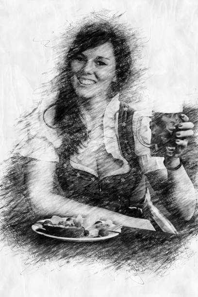 bavarian woman in dirndl sitting at table iholding a beer mug in pencil drawing style young bavarian woman in dirndl sitting at table iholding a beer mug in pencil drawing style pics of dirndl skirt stock illustrations