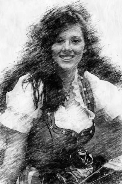 portrait of woman wearing a bavarian dirndl in pencil drawing style portrait of young woman wearing a bavarian dirndl in pencil drawing style pics of dirndl skirt stock illustrations