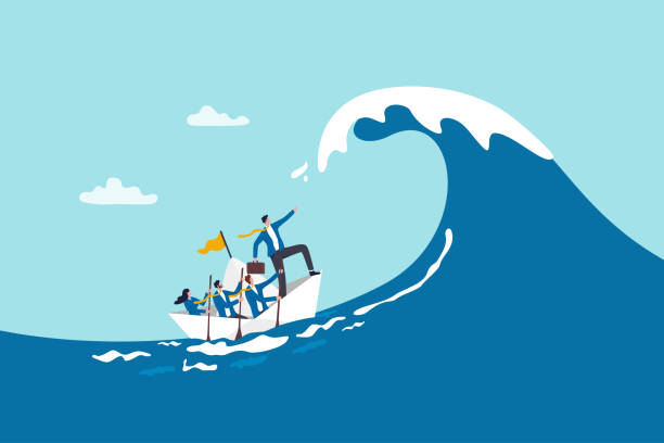 Courage and leadership to win business success, teamwork to help survive crisis, challenge or risk taker concept, businessman captain point finger to lead team sailing boat to survive big wave storm. vector art illustration