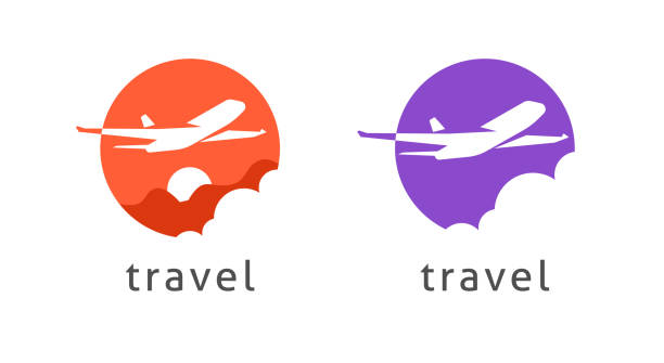 logo travel by plane airline vector or flight by airplane jet tour concept logotype design, tourism aircraft service symbol graphic round circle shape silhouette on sun sky and mountains company brand - travel stock illustrations