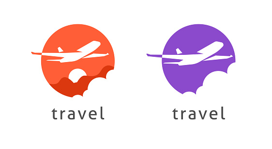 Logo travel by plane airline vector or flight by airplane jet tour concept logotype design, tourism aircraft service graphic round circle shape silhouette on sun sky and mountains company brand image