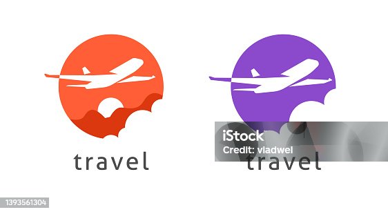 istock Logo travel by plane airline vector or flight by airplane jet tour concept logotype design, tourism aircraft service symbol graphic round circle shape silhouette on sun sky and mountains company brand 1393561304