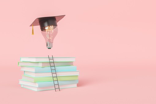 3d illustration of heap of books for studying and ladder leading to bulb in graduation cap for concept of education and university degree against isolated pink background