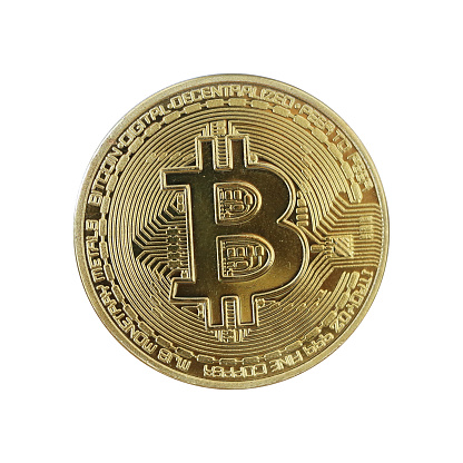 Bitcoin cryptocurrency coin isolated on white background.