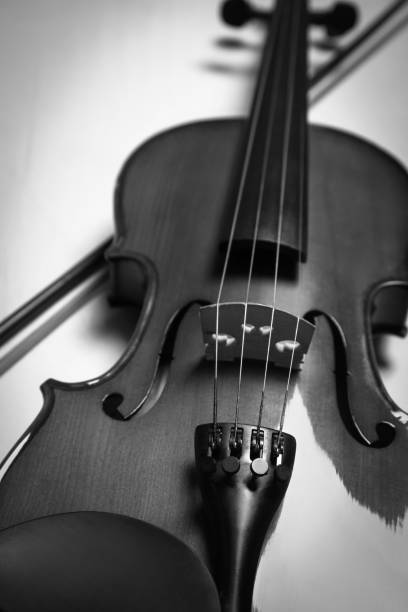 istock Beautiful violin and bow on table, closeup. Black and white tone 1393566785