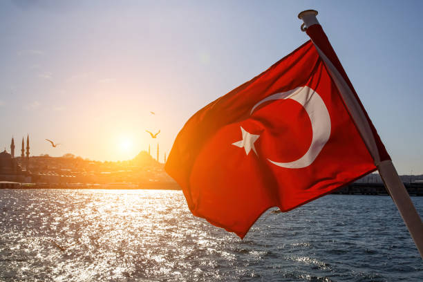 istock Turkey flag with Istanbul mosques background. 1393566969