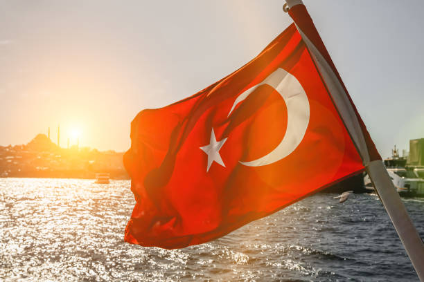 istock Turkey flag with Istanbul mosques background. 1393566981