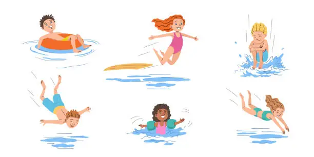 Vector illustration of Kids jump in pool set, children in swimsuits play on beach party, jumping from trampoline