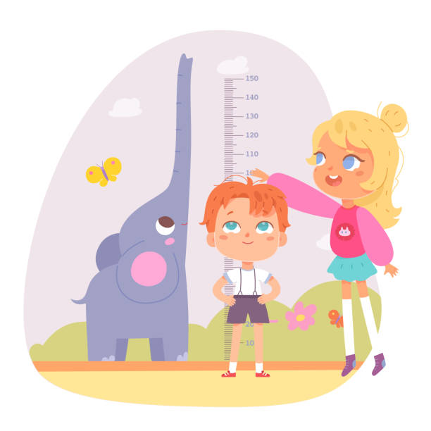 illustrazioni stock, clip art, cartoni animati e icone di tendenza di gli amici dei bambini misurano l'altezza con il righello e l'allegra illustrazione vettoriale dell'elefante. ragazza del cartone animato in piedi con il bambino, grafico della crescita del progresso con scala in centimetri e animale isolato su bianco. - metro per laltezza