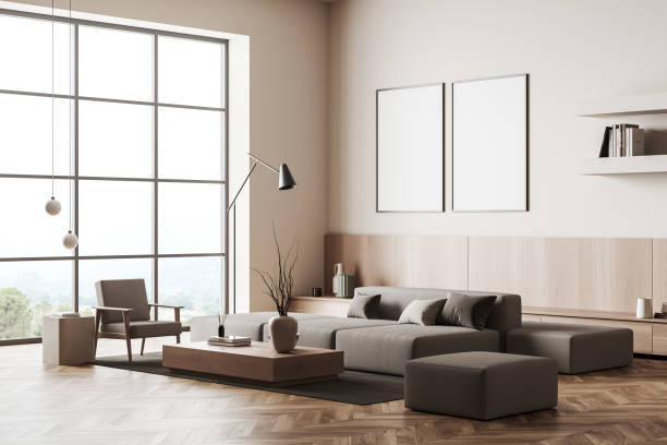 istock Living room interior with seats and coffee table. Mockup frames 1393568327