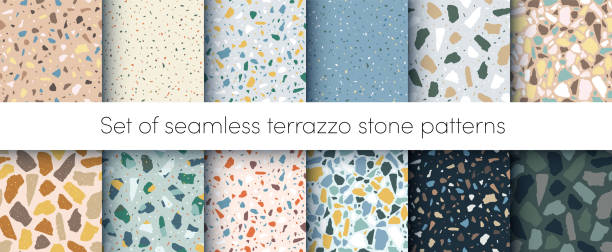 illustrazioni stock, clip art, cartoni animati e icone di tendenza di vector terrazzo pavimenti senza cuciture set di motivi. astratto colore naturale italiano superficie in pietra strutturata, terrazzo in cemento. pavimento classico in terrazzo naturale in granito. collezione di sfondi di interior design - concrete wall concrete backgrounds stone