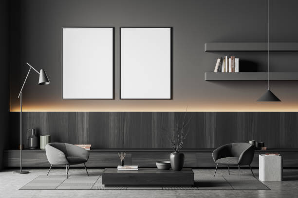istock Dark living room interior with two empty white posters 1393568636