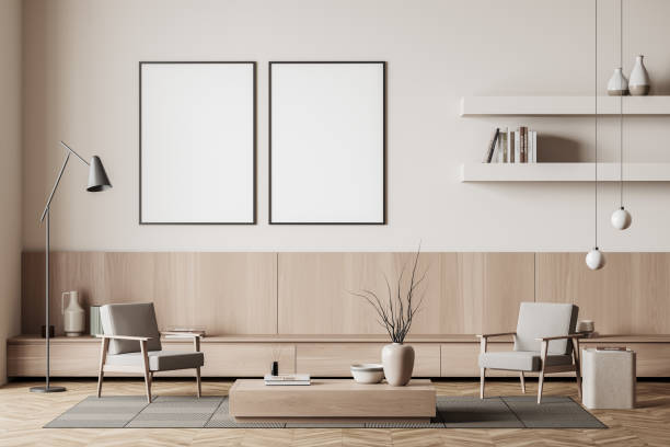istock Bright living room interior with two empty white posters, armchairs 1393568774
