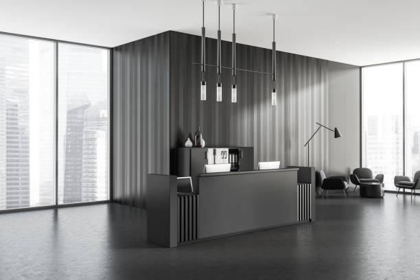 istock Grey reception interior office desk and waiting corner, panoramic window 1393568958