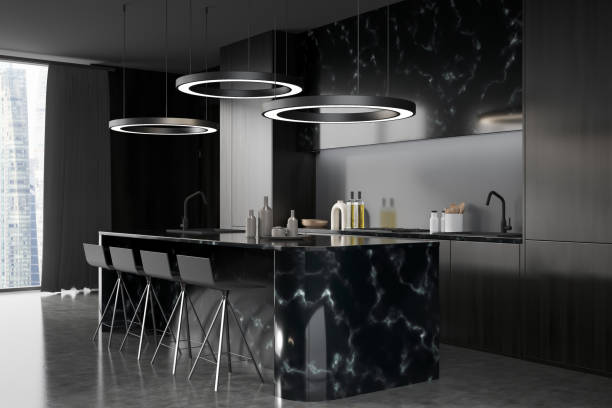 istock Kitchen set interior with island and seats, shelves and kitchenware, window 1393570133