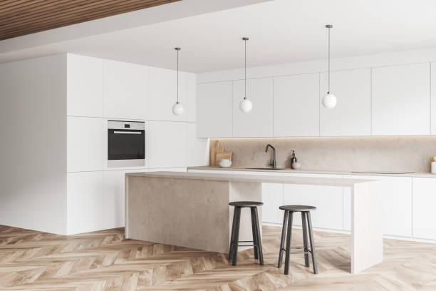 istock Light kitchen set interior with seats and island, shelves and kitchenware 1393570721