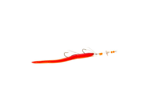 istock Rigged red midget crawler plastic lure with propeller blade, beads flash and weedguards protecting hooks isolated 1393574242