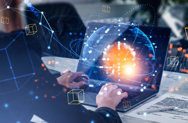 istock Businesswoman using laptop, metaverse and earth sphere hologram 1393574367