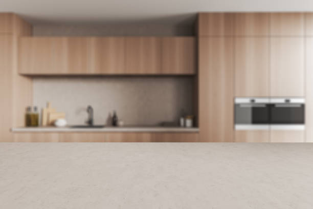 istock Concrete island on background of light kitchen interior. Mockup 1393574389