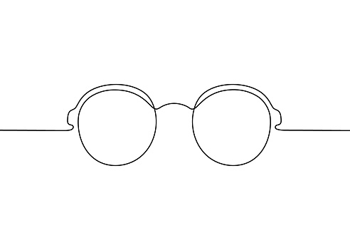 Glasses one black single continuous line art drawing style, sunglasses outline. Front view of eyeglasses minimalist linear sketch. Protection eye from sun. Vector on white background