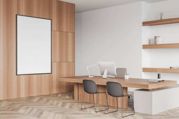 istock Top view of light office interior with chairs and table, decoration and window 1393574439