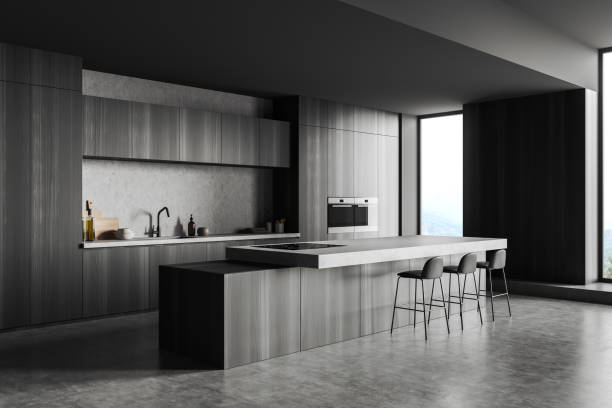 istock Grey kitchen set interior with island and seats, shelves and window 1393574734