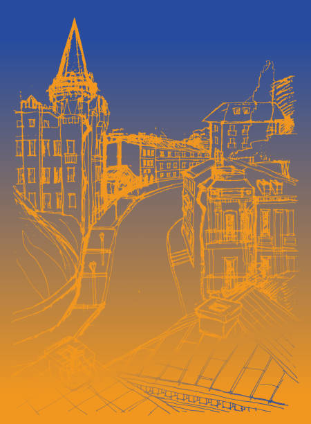 istock Vector trace of hand drawn sketch of architecture urban landscape, an ancient buildings on the old street in Kyiv, Ukraine. Blue gold doodle drawing on a blue and yellow background 1393576752