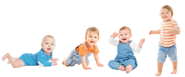 groupe de bébés sur blancs. stades de développement du bébé. jalons du développement des bébés pour la première année. happy children nourrisson et tout-petit rampant, assis, marchant - baby walking child standing photos et images de collection