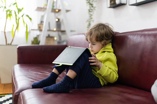 smart little white boy relaxes on the sofa at home and looks at tablet screen, play online game. Happy little child uses a phone call on a digital call from a webcam, learns at a distance. The concept of a virtual event.