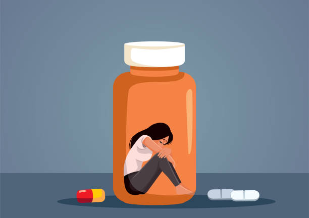 женщина, зависимая от рецептурных лекарств таблетки векторная мультяшная иллюстрация - anti depressant illustrations stock illustrations