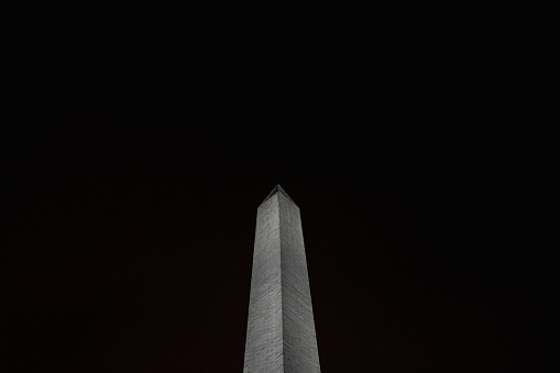 The Washington Monument Obelisk located at the National Mall in Washington DC at night with a black sky.