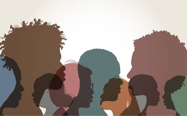 Profile Silhouettes of African Americans Colourful overlapping silhouettes of African Americans. Ethnicity, African Ethnicity, Men, Women, afro man stock illustrations