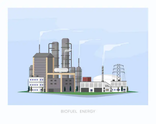 Vector illustration of the bio fuel energy, bio fuel power plant supply electricity to the factory and city