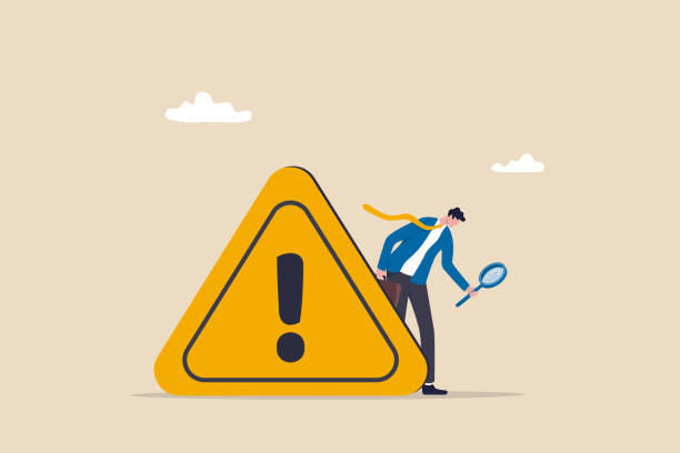 ilustrações de stock, clip art, desenhos animados e ícones de incident management, root cause analysis or solving problem, identify risk or critical failure concept, businessman with magnifier monitor and investigate incident with exclamation attention sign. - threats