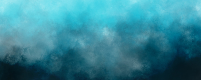 Dark turquoise blue and gray abstract grimy misty background design with watercolor painted gradient colors art texture and dramatic smoke or haze grunge pattern in panoramic banner header image