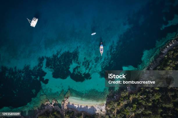Aerial View Of Clear Turquoise Sea Stock Photo - Download Image Now - Antalya City, Antalya Province, Bay of Water
