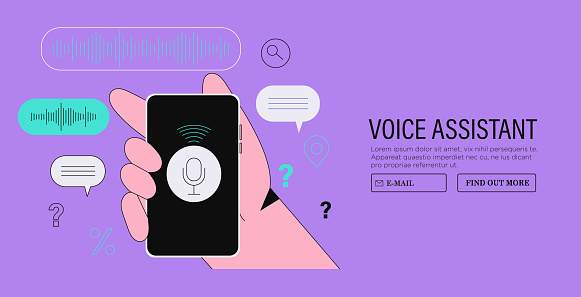 Voice recognition concept. Man hold smart phone using voice assistant application. Smart speaker apps, office controller, hands-free phone calling, internet of things, voice command software.