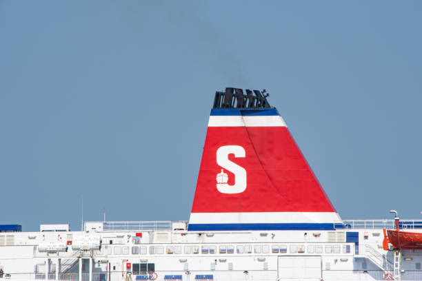 Stena  line  ferry leaving  Fishguard sailing   close  up  of  the  funnel with slight  engine  fumes  plumbing  out