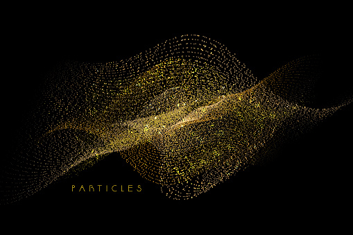 Sparkling golden particles wave on black background stock illustration