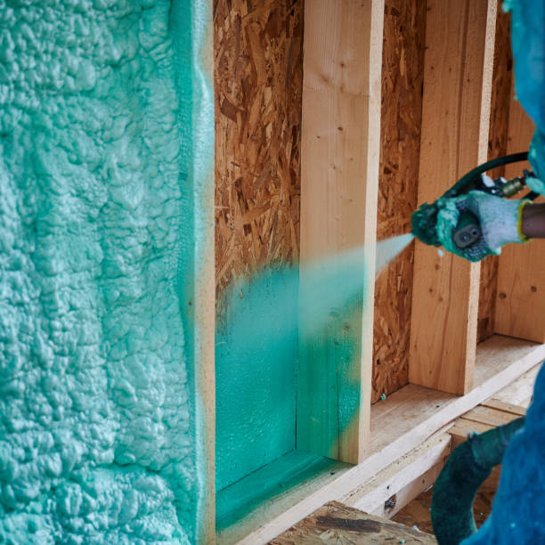 istock Worker spraying polyurethane foam for insulating wooden frame house. 1393586333